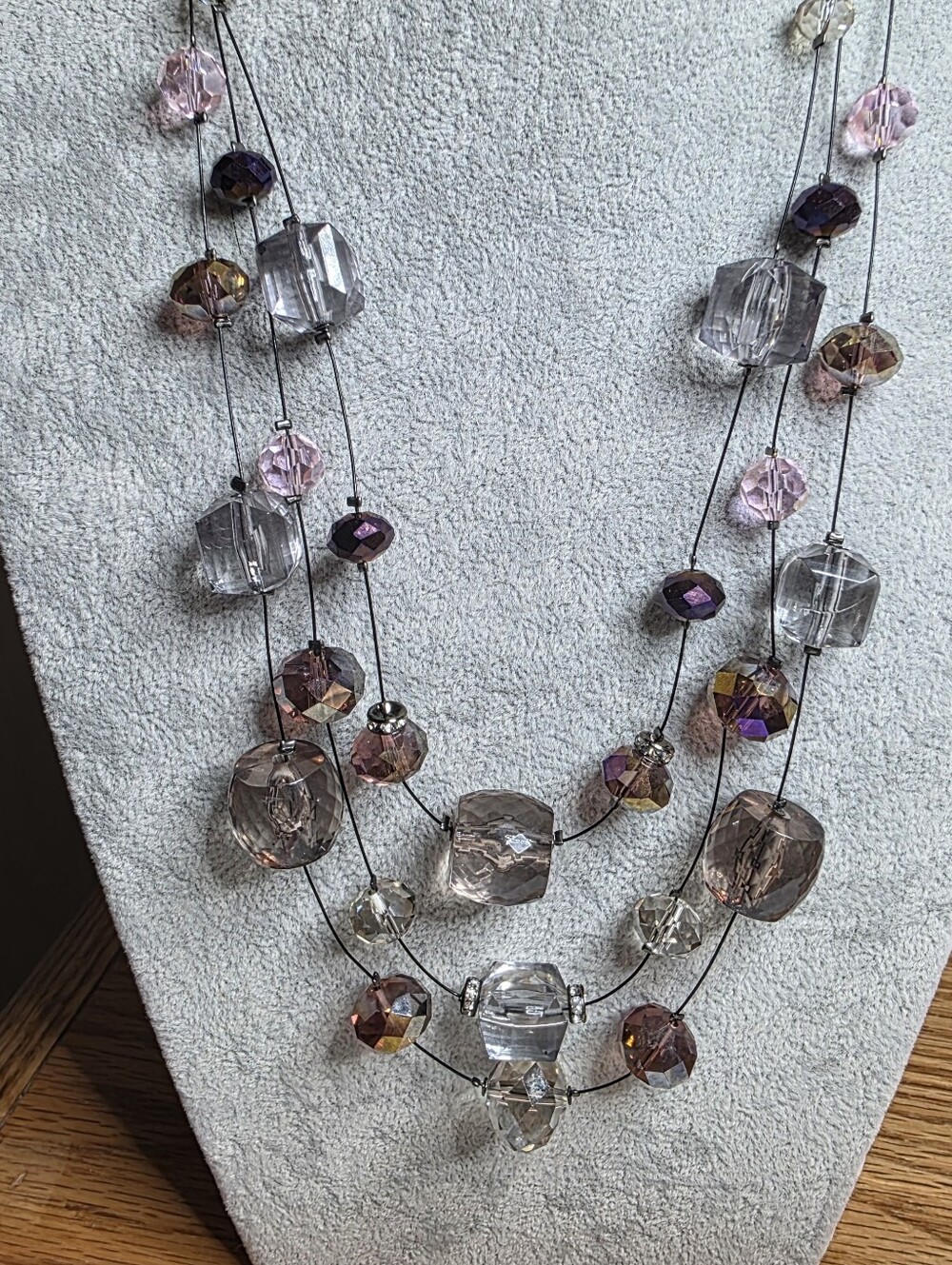 Chico's 3-Strand Illusion Necklace Faceted Glass & Acrylic Gray, Purple, Pink